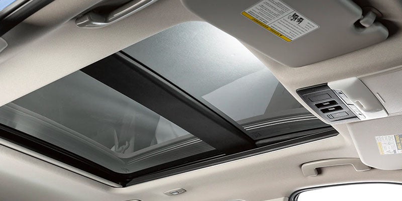 View from inside a car of two closed sunroof panels, extending from front to back of the vehicle.
